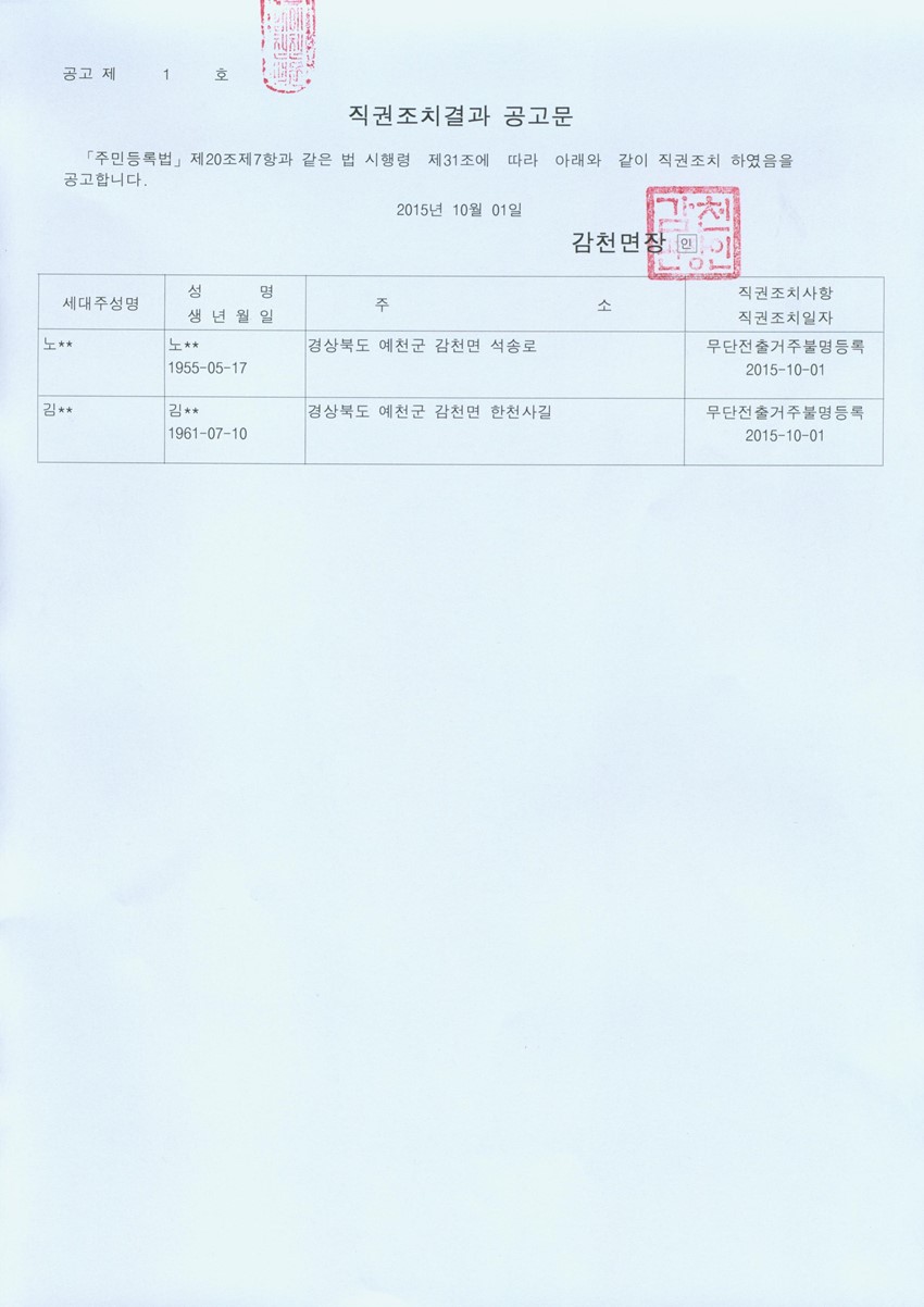 1.주민등록 직권조치 결과 공고
